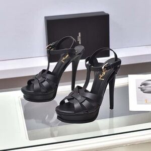 Saint Laurent Black Sandals with Gold Buckle